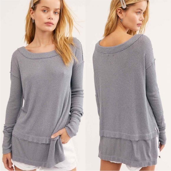 Free People North Shore Thermal Top Waffle Knit Storm Grey size Medium - Picture 2 of 7